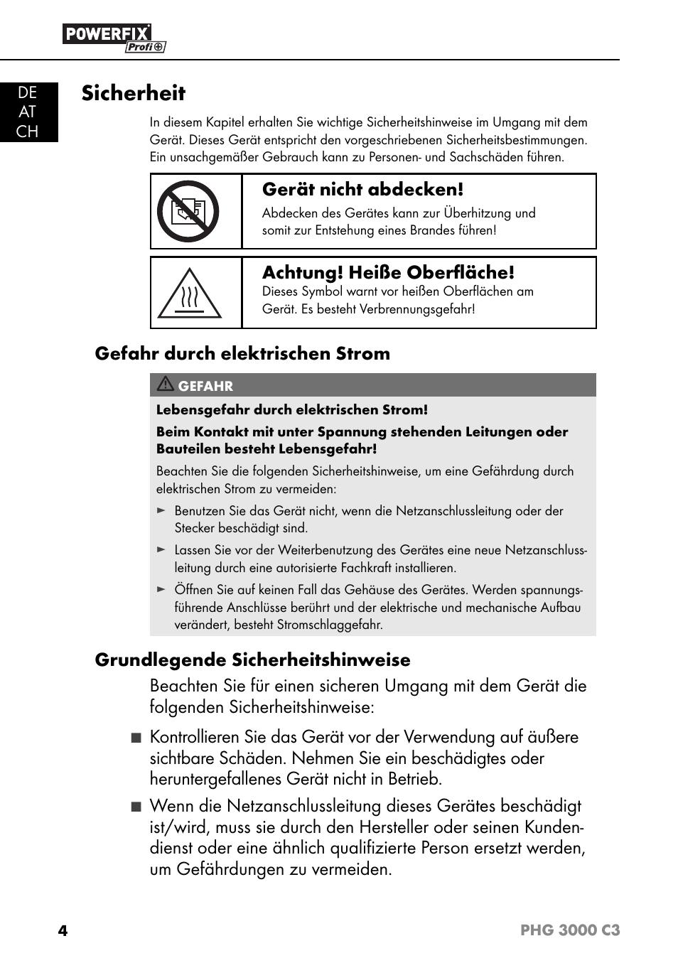 Sicherheit, Gerät nicht abdecken, Achtung! heiße oberﬂ äche | Gefahr durch elektrischen strom | Powerfix PHG 2500 C3 User Manual | Page 7 / 59