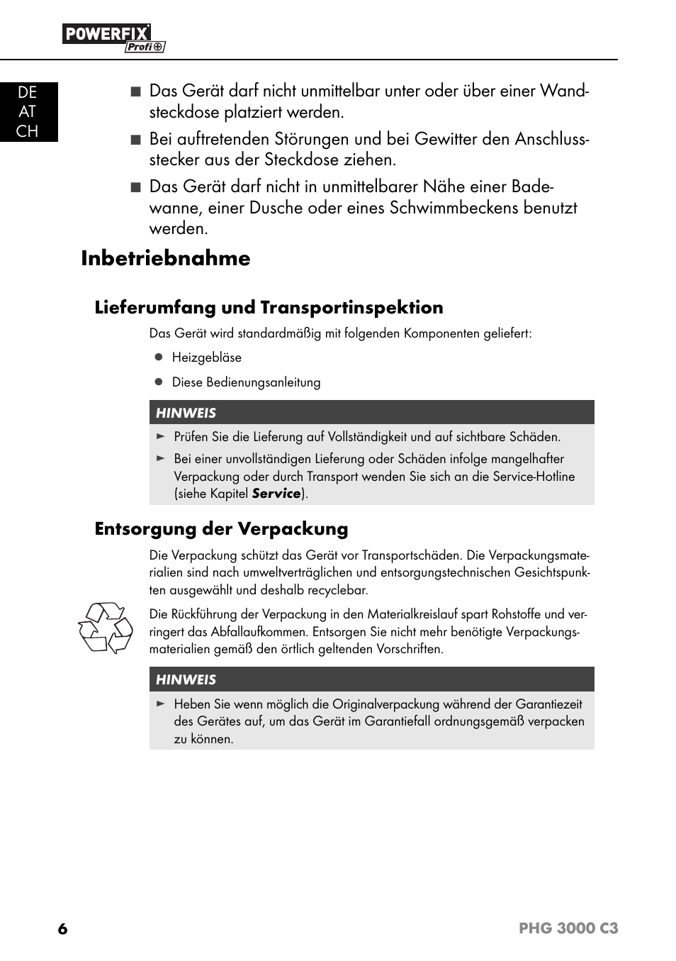 Inbetriebnahme, Lieferumfang und transportinspektion, Entsorgung der verpackung | De at ch | Powerfix PHG 2500 C3 User Manual | Page 9 / 59