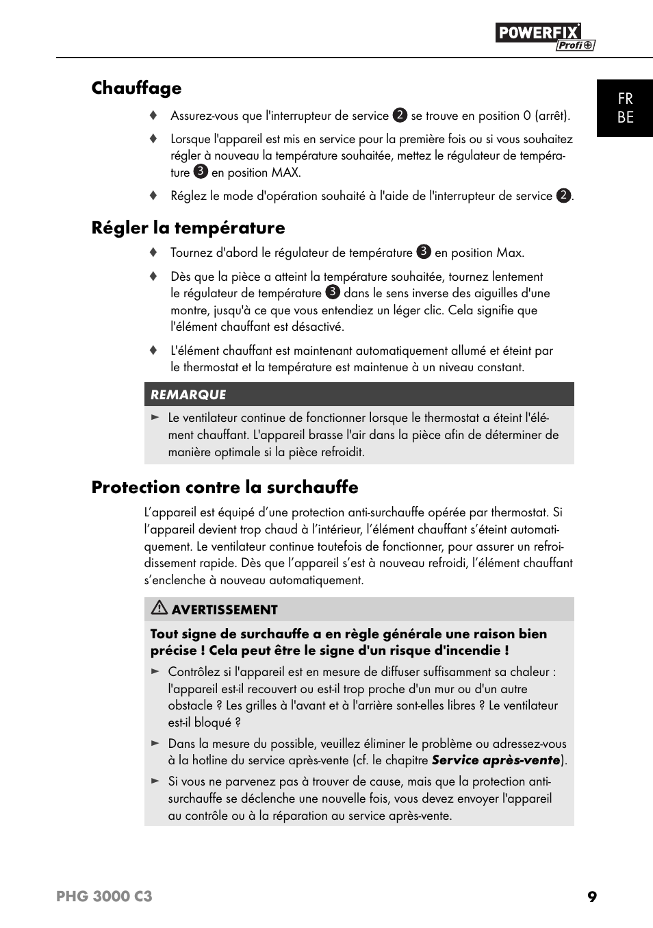 Chauﬀ age, Régler la température, Protection contre la surchauﬀ e | Fr be | Powerfix PHG 2500 C3 User Manual | Page 12 / 45