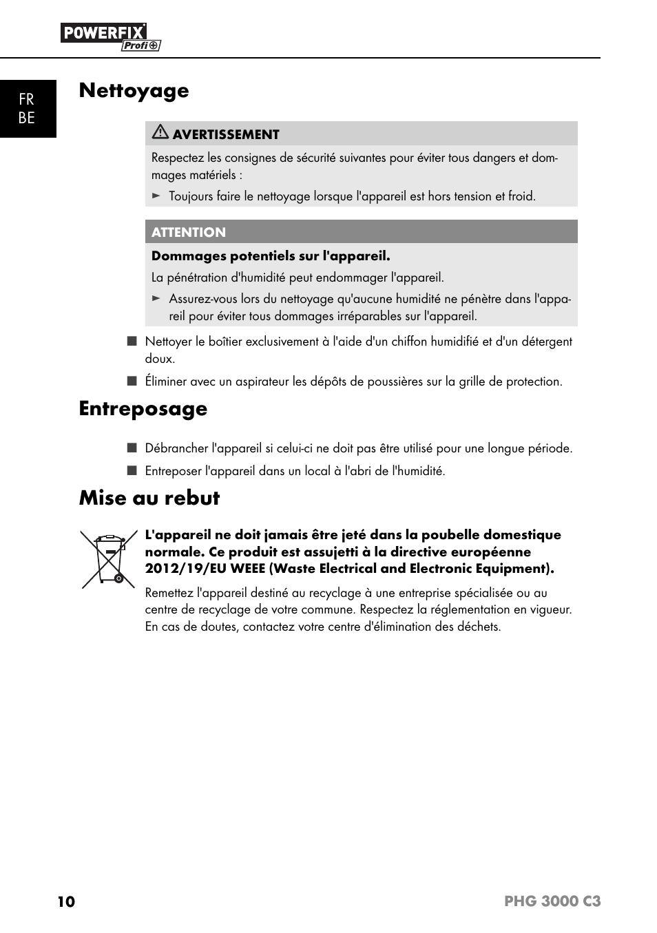 Nettoyage, Entreposage, Mise au rebut | Fr be | Powerfix PHG 2500 C3 User Manual | Page 13 / 45