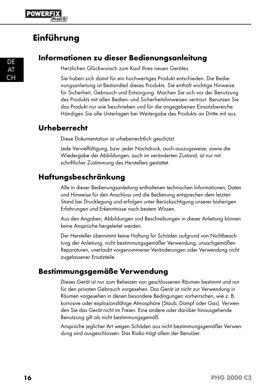 Einführung, Informationen zu dieser bedienungsanleitung, Urheberrecht | Haftungsbeschränkung, Bestimmungsgemäße verwendung | Powerfix PHG 2500 C3 User Manual | Page 19 / 45