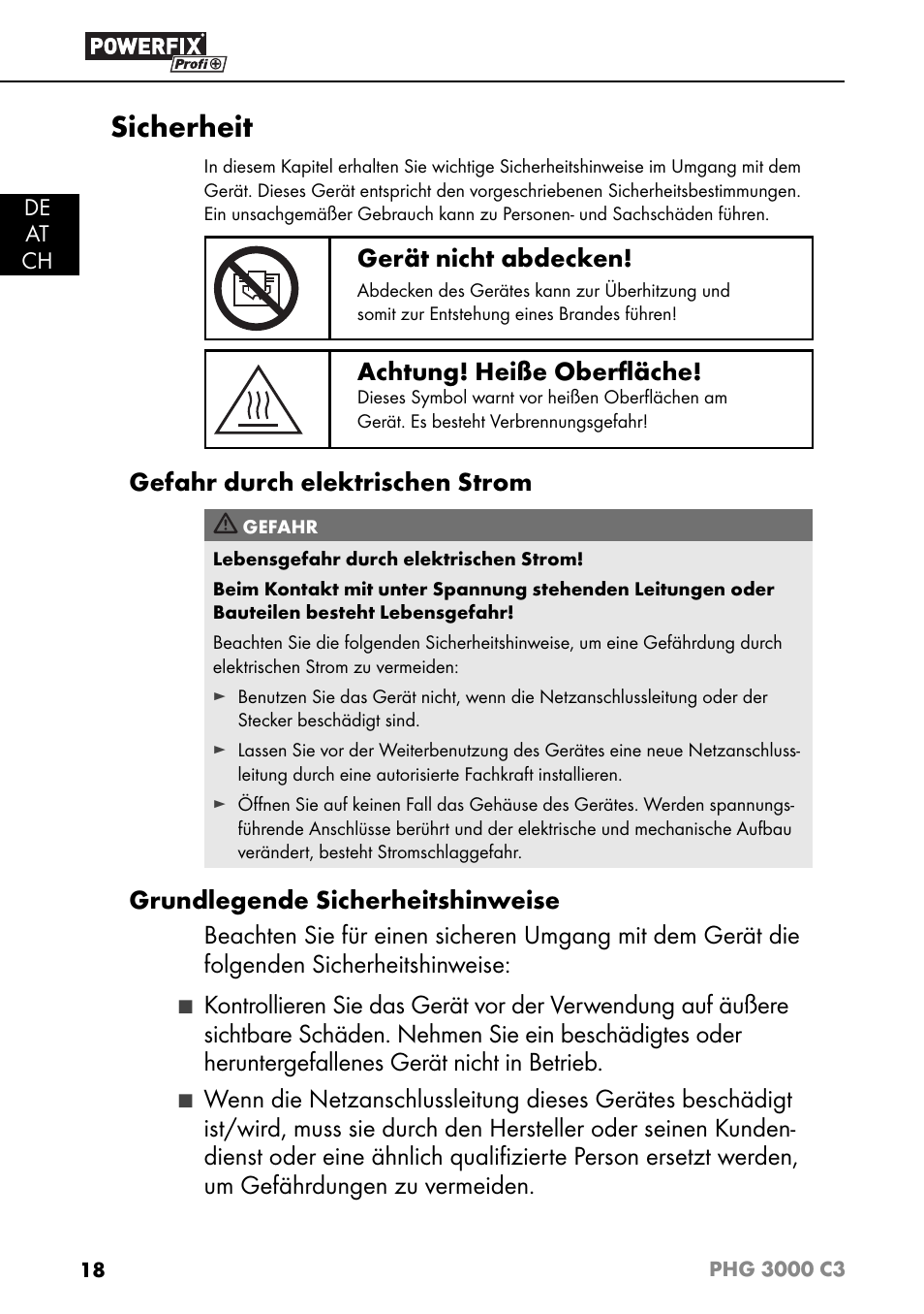Sicherheit, Gerät nicht abdecken, Achtung! heiße oberﬂ äche | Gefahr durch elektrischen strom | Powerfix PHG 2500 C3 User Manual | Page 21 / 45