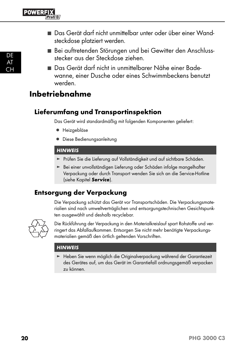 Inbetriebnahme, Lieferumfang und transportinspektion, Entsorgung der verpackung | De at ch | Powerfix PHG 2500 C3 User Manual | Page 23 / 45