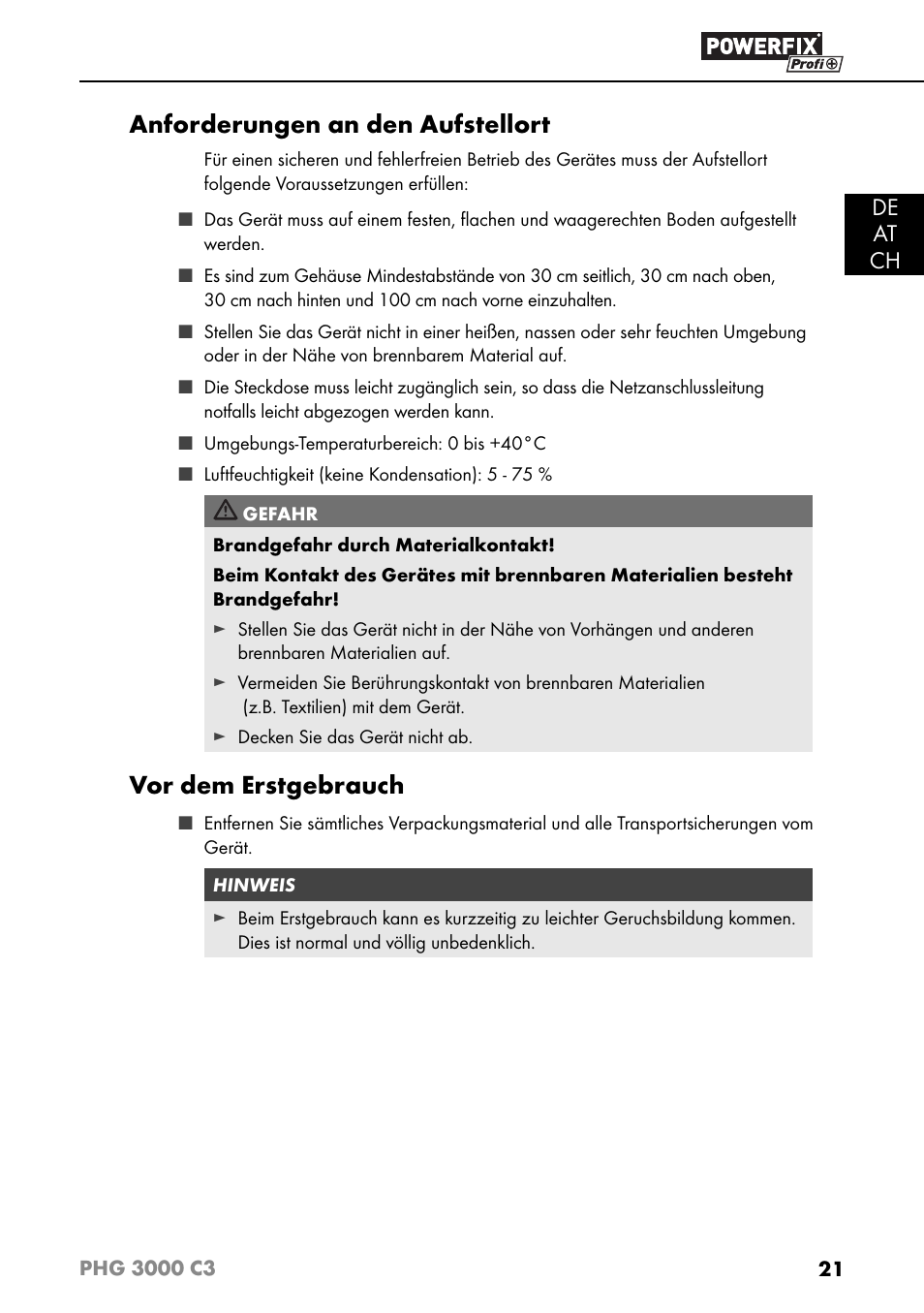 Anforderungen an den aufstellort, Vor dem erstgebrauch, De at ch | Powerfix PHG 2500 C3 User Manual | Page 24 / 45