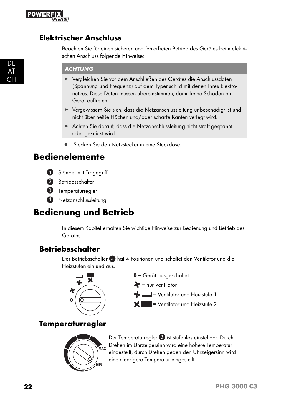 Bedienelemente, Bedienung und betrieb, Elektrischer anschluss | Betriebsschalter, Temperaturregler, De at ch | Powerfix PHG 2500 C3 User Manual | Page 25 / 45