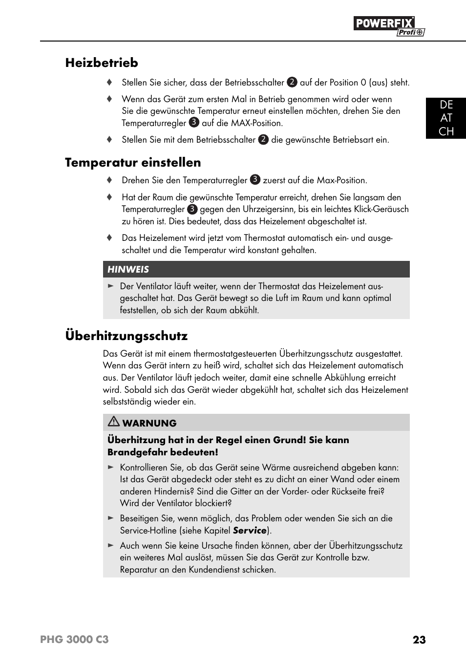 Heizbetrieb, Temperatur einstellen, Überhitzungsschutz | De at ch | Powerfix PHG 2500 C3 User Manual | Page 26 / 45