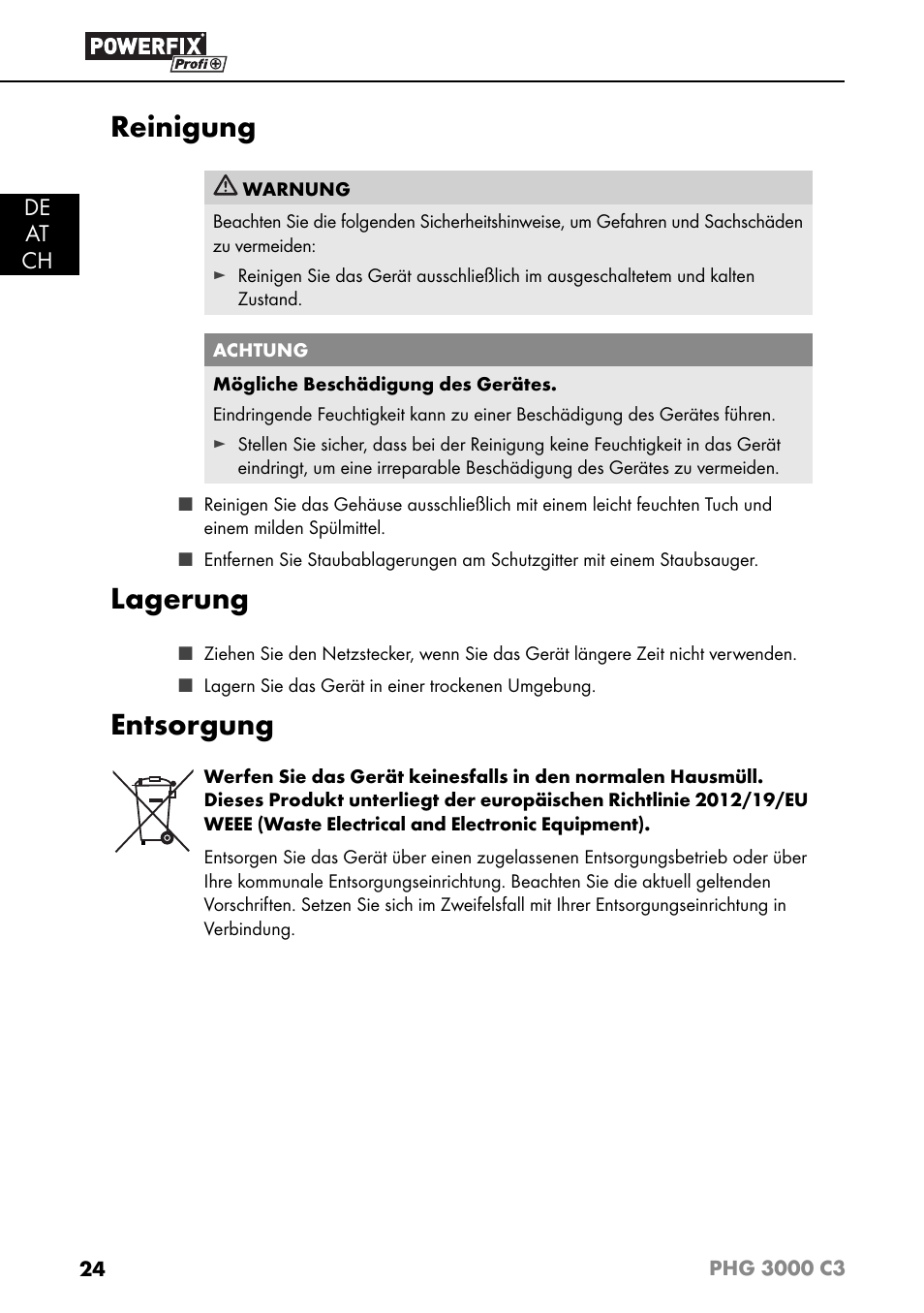 Reinigung, Lagerung, Entsorgung | De at ch | Powerfix PHG 2500 C3 User Manual | Page 27 / 45