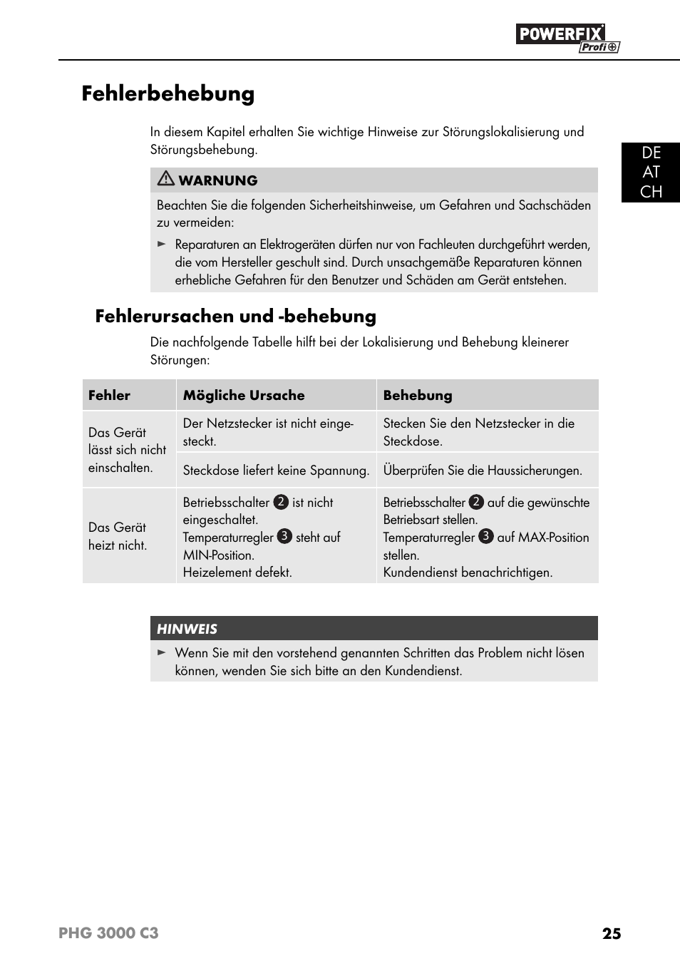 Fehlerbehebung, Fehlerursachen und -behebung, De at ch | Powerfix PHG 2500 C3 User Manual | Page 28 / 45