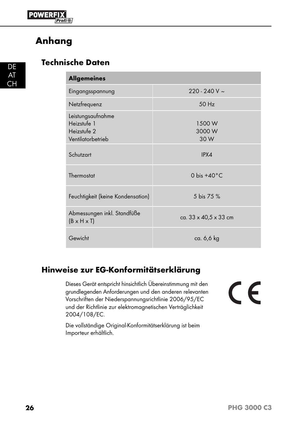 Anhang, Technische daten, Hinweise zur eg-konformitätserklärung | De at ch | Powerfix PHG 2500 C3 User Manual | Page 29 / 45