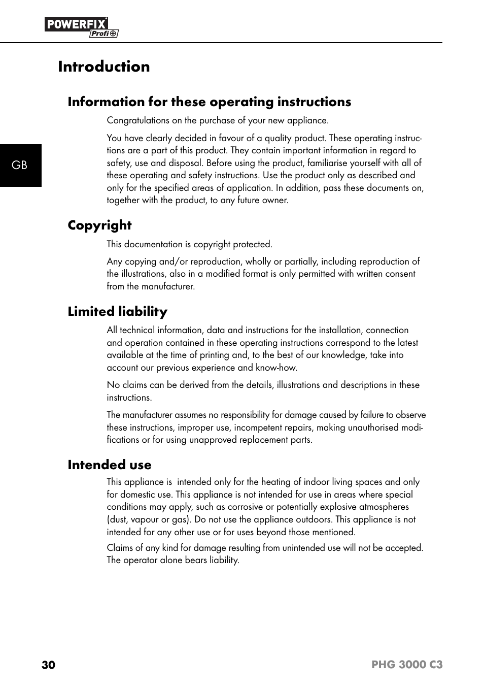 Introduction, Information for these operating instructions, Copyright | Limited liability, Intended use | Powerfix PHG 2500 C3 User Manual | Page 33 / 45