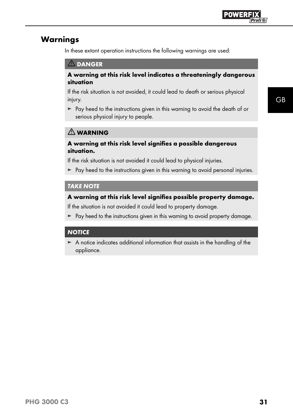 Warnings | Powerfix PHG 2500 C3 User Manual | Page 34 / 45