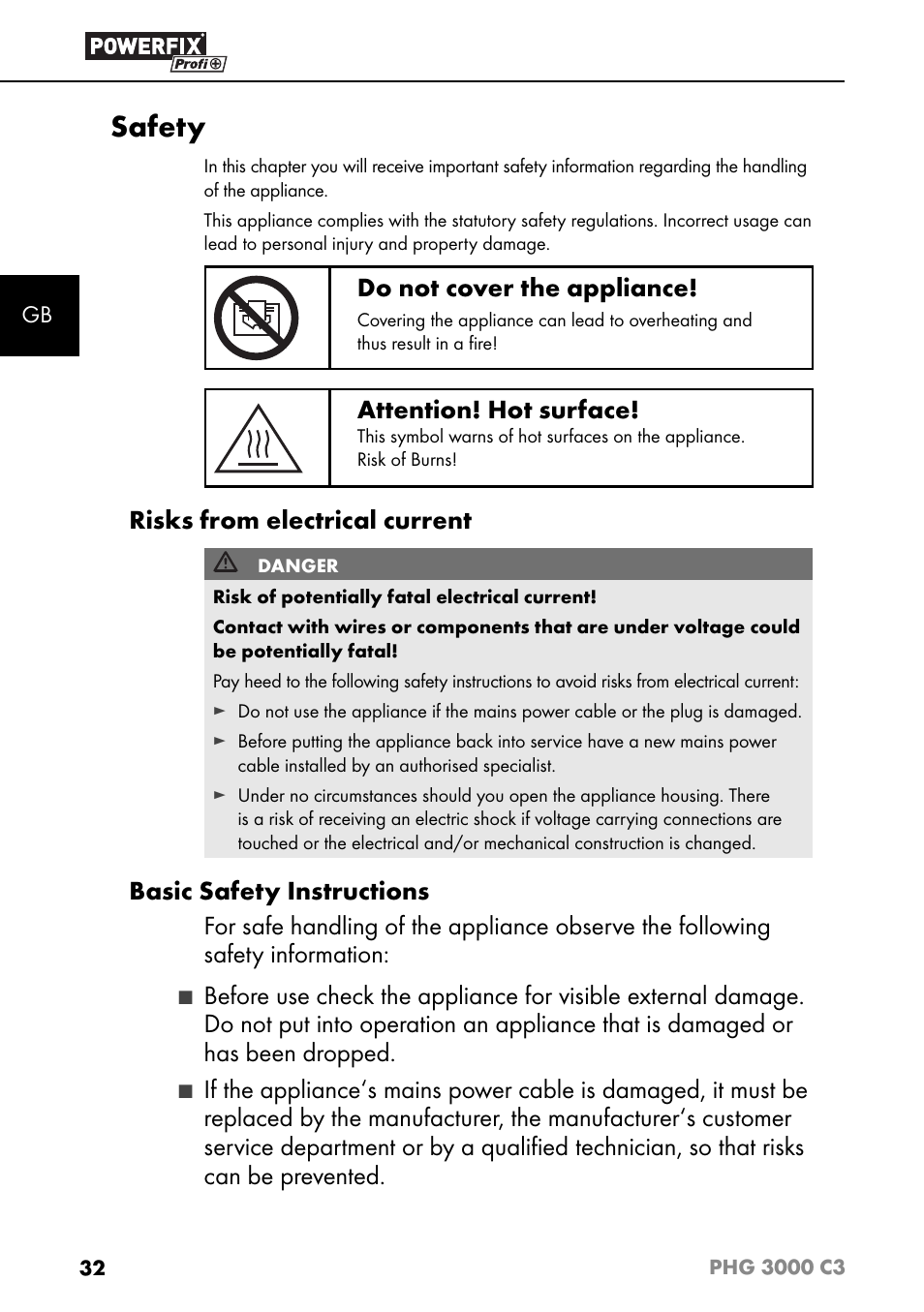 Safety, Do not cover the appliance, Attention! hot surface | Risks from electrical current | Powerfix PHG 2500 C3 User Manual | Page 35 / 45