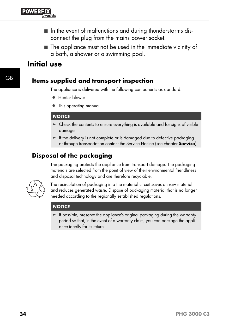 Initial use, Items supplied and transport inspection, Disposal of the packaging | Powerfix PHG 2500 C3 User Manual | Page 37 / 45