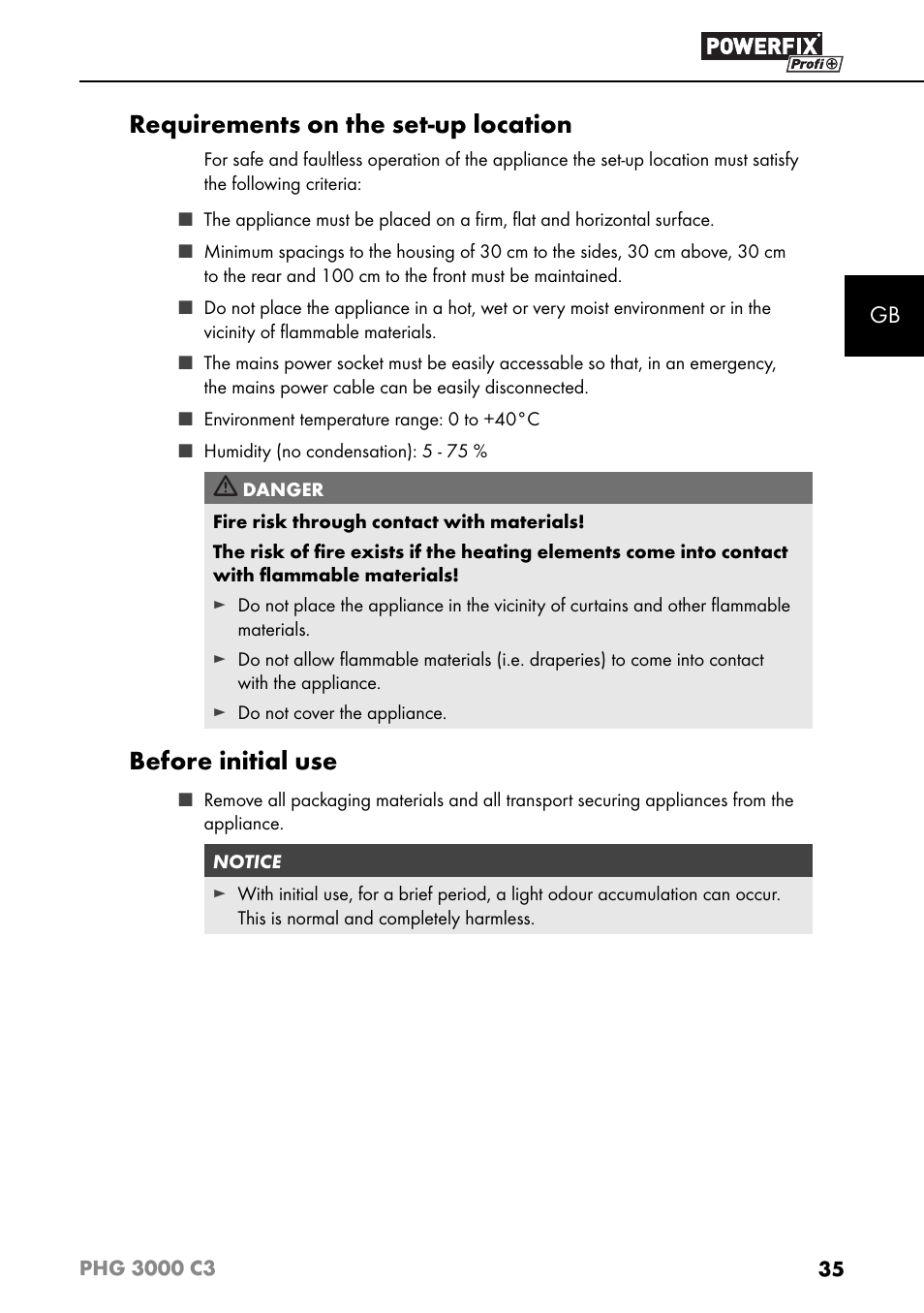 Requirements on the set-up location, Before initial use | Powerfix PHG 2500 C3 User Manual | Page 38 / 45