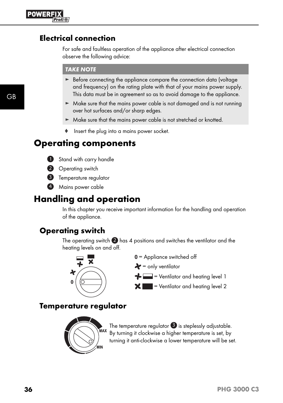 Operating components, Handling and operation, Electrical connection | Operating switch, Temperature regulator | Powerfix PHG 2500 C3 User Manual | Page 39 / 45