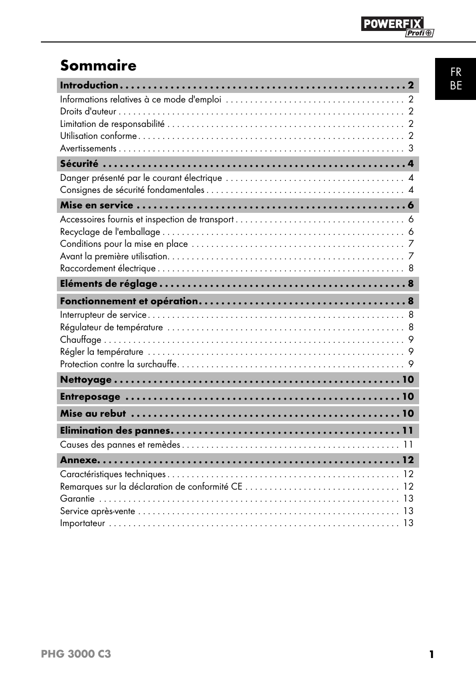 Sommaire, Fr be | Powerfix PHG 2500 C3 User Manual | Page 4 / 45