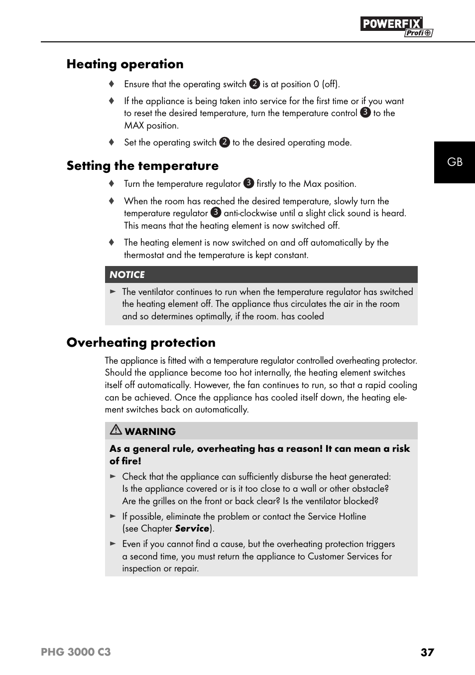 Heating operation, Setting the temperature, Overheating protection | Powerfix PHG 2500 C3 User Manual | Page 40 / 45