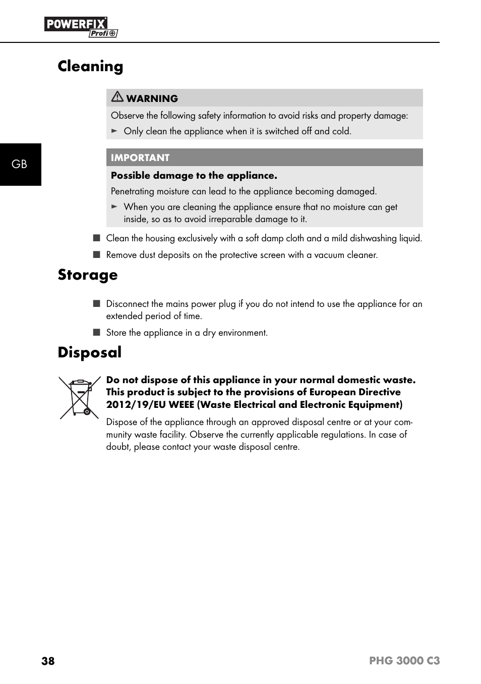 Cleaning, Storage, Disposal | Powerfix PHG 2500 C3 User Manual | Page 41 / 45