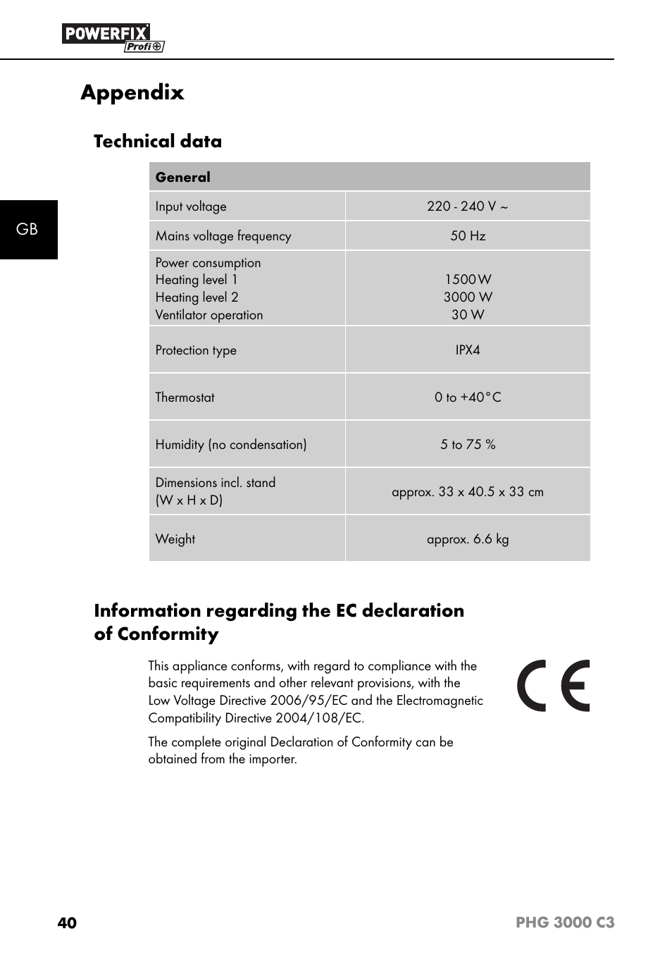 Appendix, Technical data | Powerfix PHG 2500 C3 User Manual | Page 43 / 45