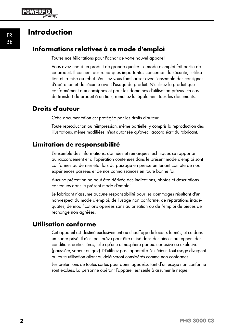 Introduction, Informations relatives à ce mode d'emploi, Droits d'auteur | Limitation de responsabilité, Utilisation conforme | Powerfix PHG 2500 C3 User Manual | Page 5 / 45