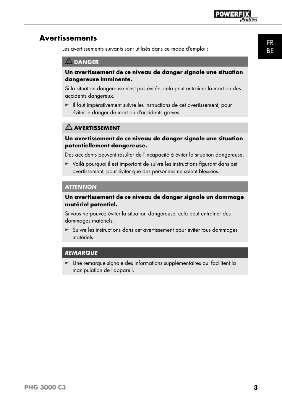 Avertissements, Fr be | Powerfix PHG 2500 C3 User Manual | Page 6 / 45