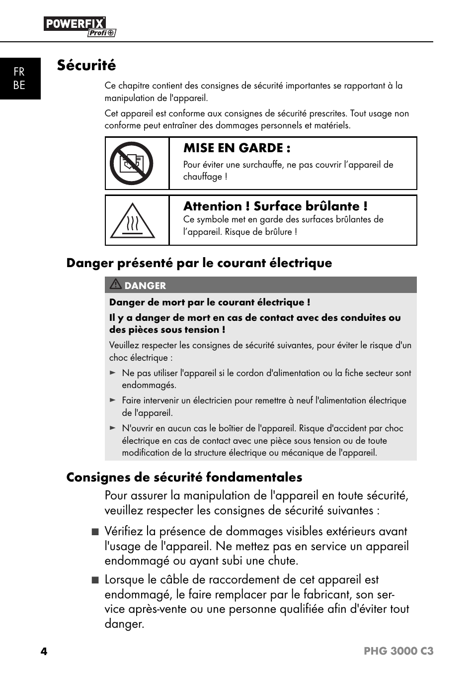 Sécurité, Mise en garde, Attention ! surface brûlante | Danger présenté par le courant électrique | Powerfix PHG 2500 C3 User Manual | Page 7 / 45