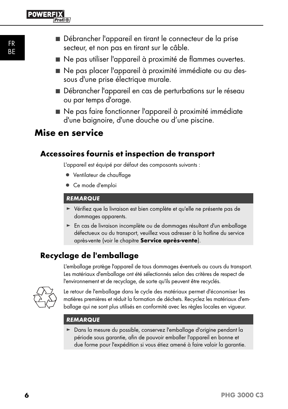Mise en service, Accessoires fournis et inspection de transport, Recyclage de l'emballage | Fr be | Powerfix PHG 2500 C3 User Manual | Page 9 / 45