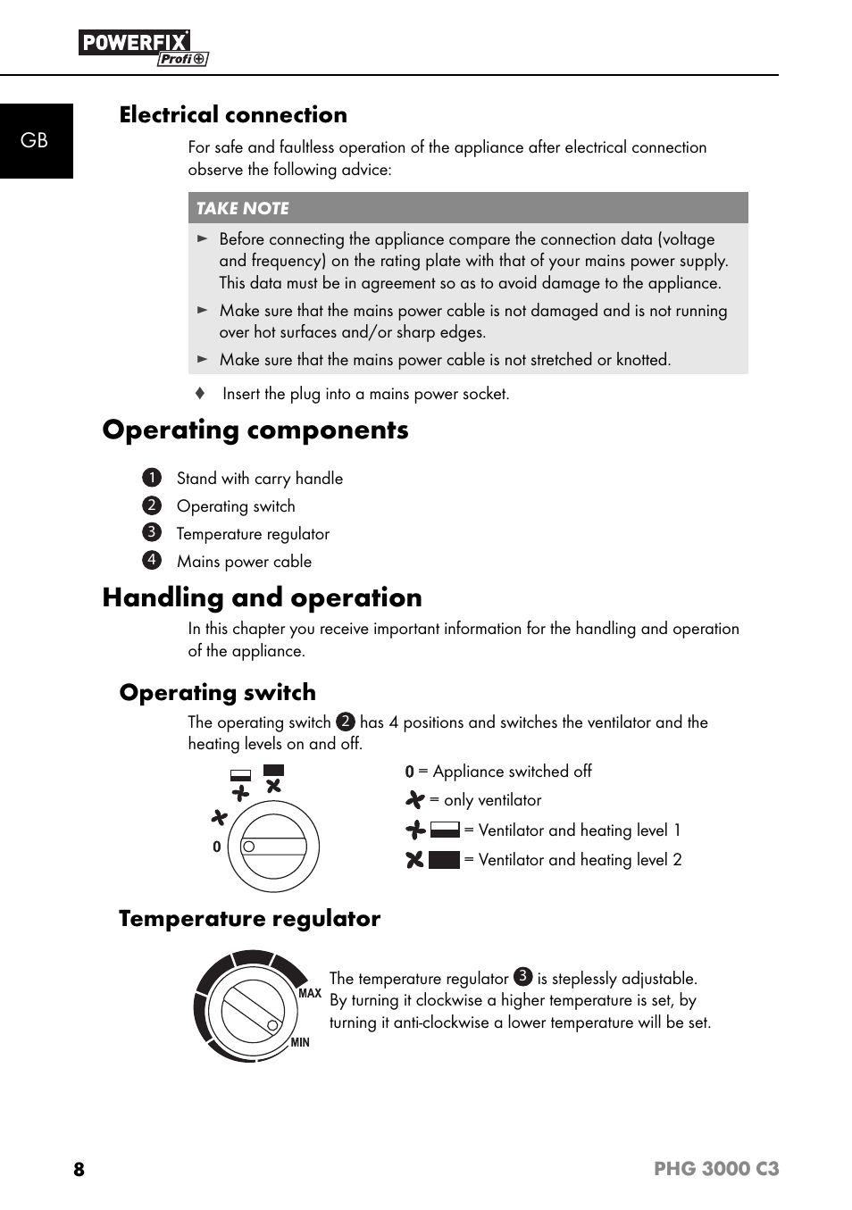 Operating components, Handling and operation, Electrical connection | Operating switch, Temperature regulator | Powerfix PHG 2500 C3 User Manual | Page 11 / 67