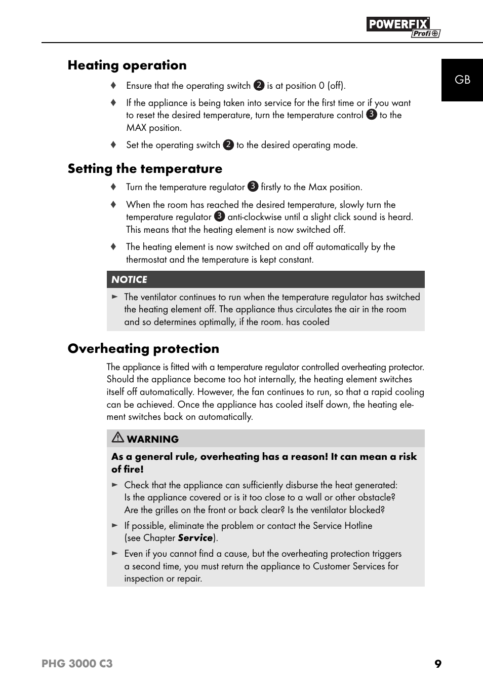 Heating operation, Setting the temperature, Overheating protection | Powerfix PHG 2500 C3 User Manual | Page 12 / 67