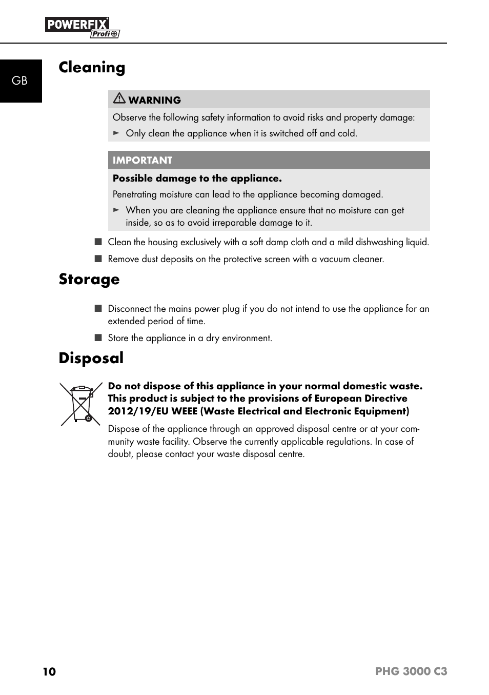 Cleaning, Storage, Disposal | Powerfix PHG 2500 C3 User Manual | Page 13 / 67