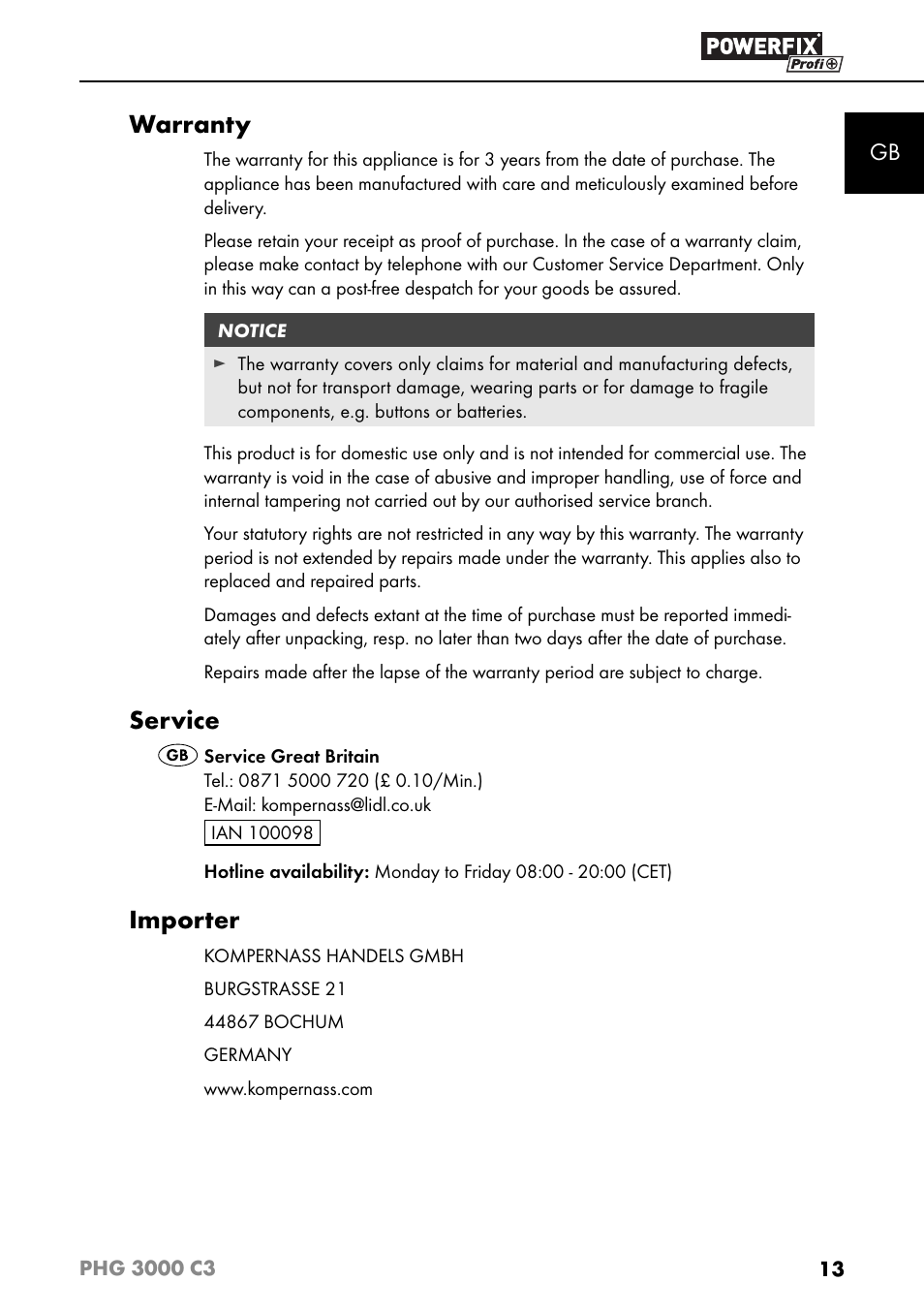 Warranty, Service, Importer | Powerfix PHG 2500 C3 User Manual | Page 16 / 67