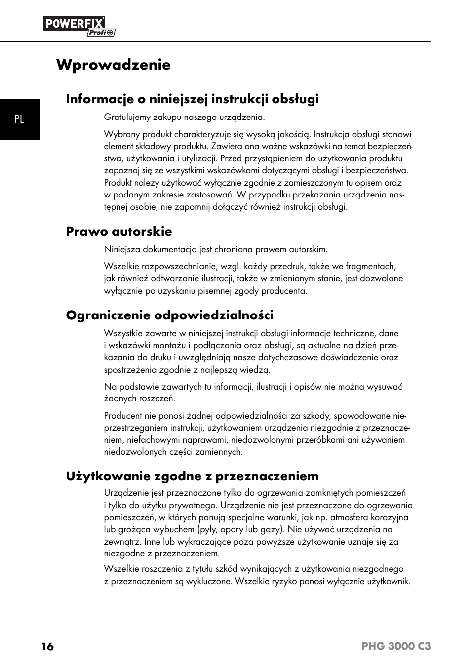 Wprowadzenie, Informacje o niniejszej instrukcji obsługi, Prawo autorskie | Ograniczenie odpowiedzialności, Użytkowanie zgodne z przeznaczeniem | Powerfix PHG 2500 C3 User Manual | Page 19 / 67
