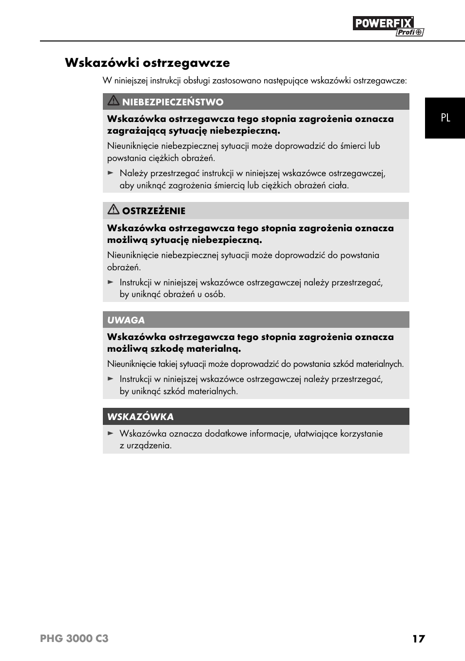 Wskazówki ostrzegawcze | Powerfix PHG 2500 C3 User Manual | Page 20 / 67