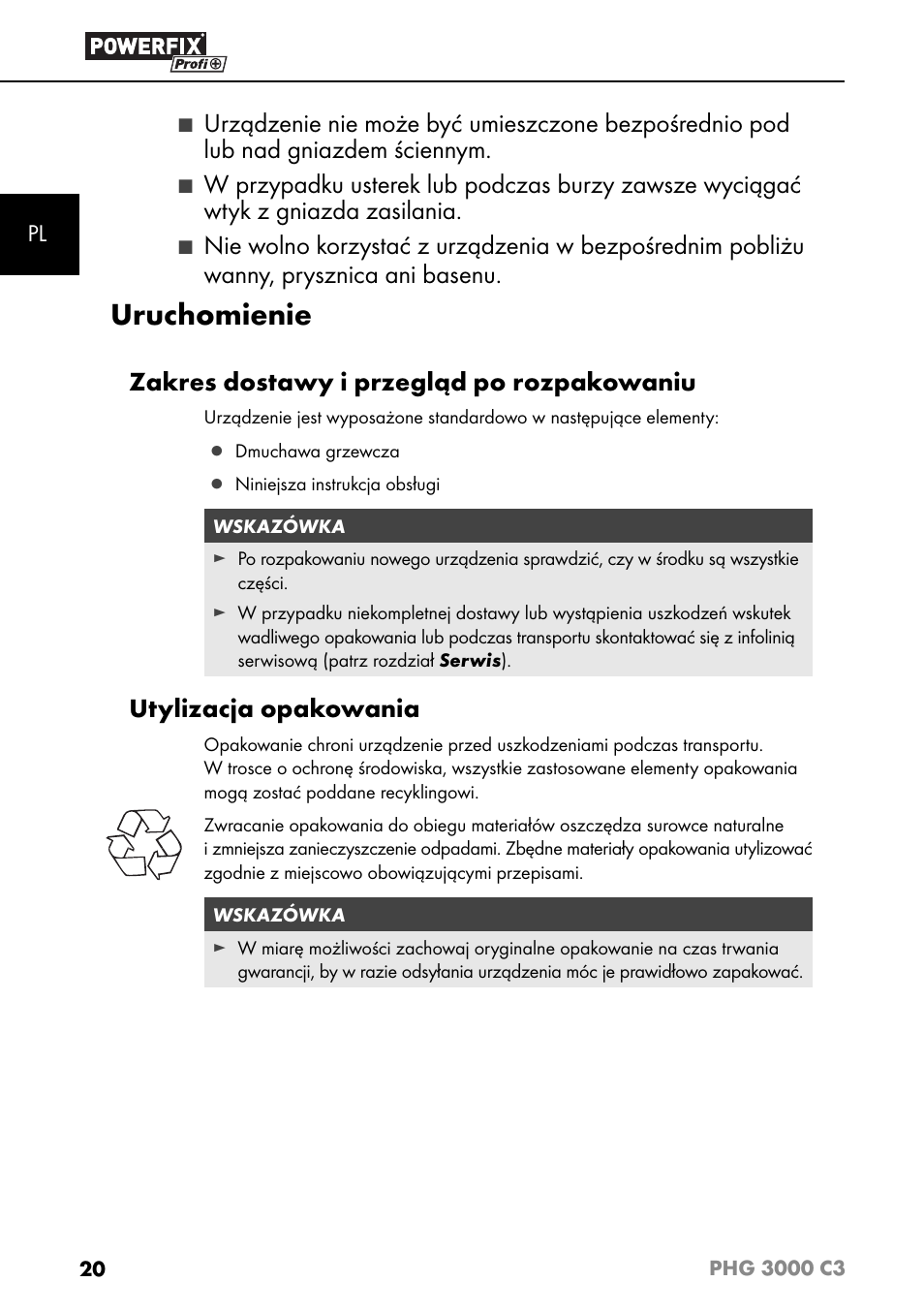 Uruchomienie, Zakres dostawy i przegląd po rozpakowaniu, Utylizacja opakowania | Powerfix PHG 2500 C3 User Manual | Page 23 / 67