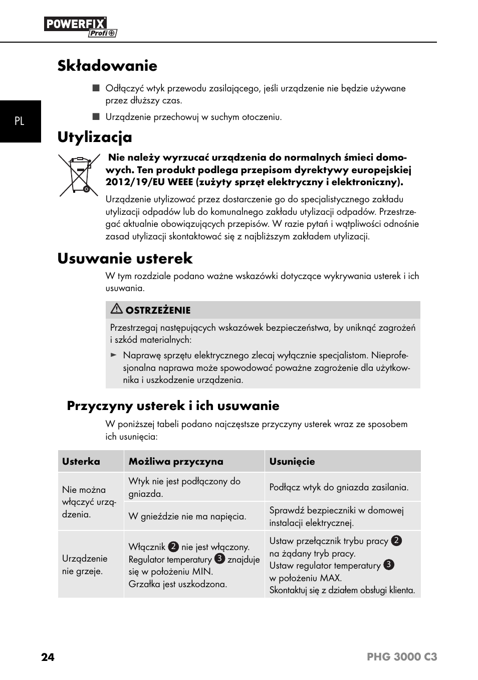 Składowanie, Utylizacja, Usuwanie usterek | Przyczyny usterek i ich usuwanie | Powerfix PHG 2500 C3 User Manual | Page 27 / 67