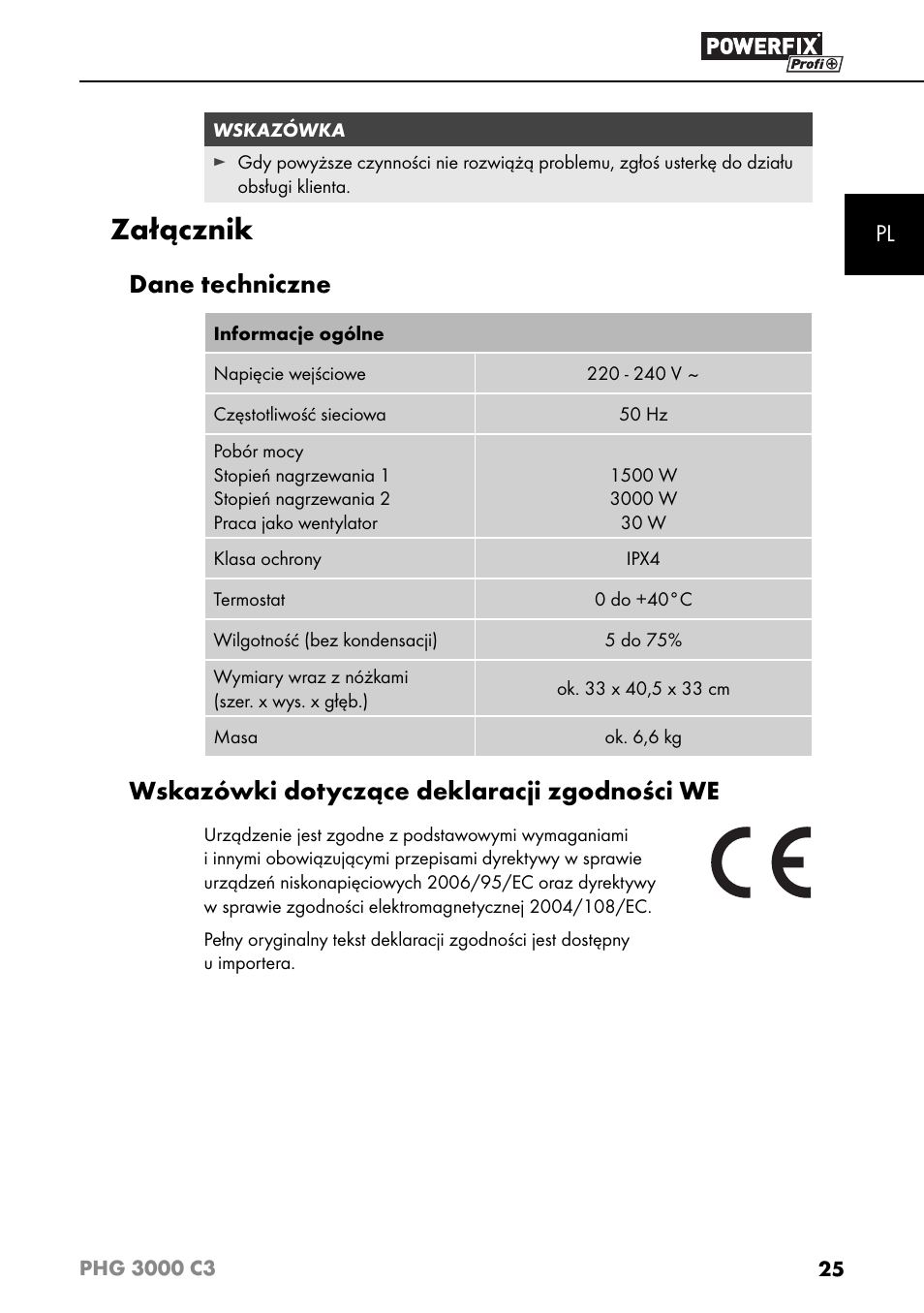 Załącznik, Dane techniczne, Wskazówki dotyczące deklaracji zgodności we | Powerfix PHG 2500 C3 User Manual | Page 28 / 67