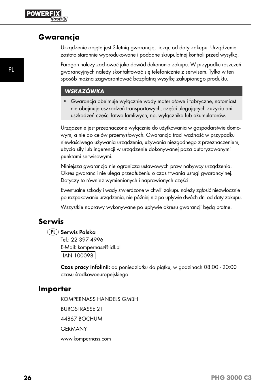 Gwarancja, Serwis, Importer | Powerfix PHG 2500 C3 User Manual | Page 29 / 67