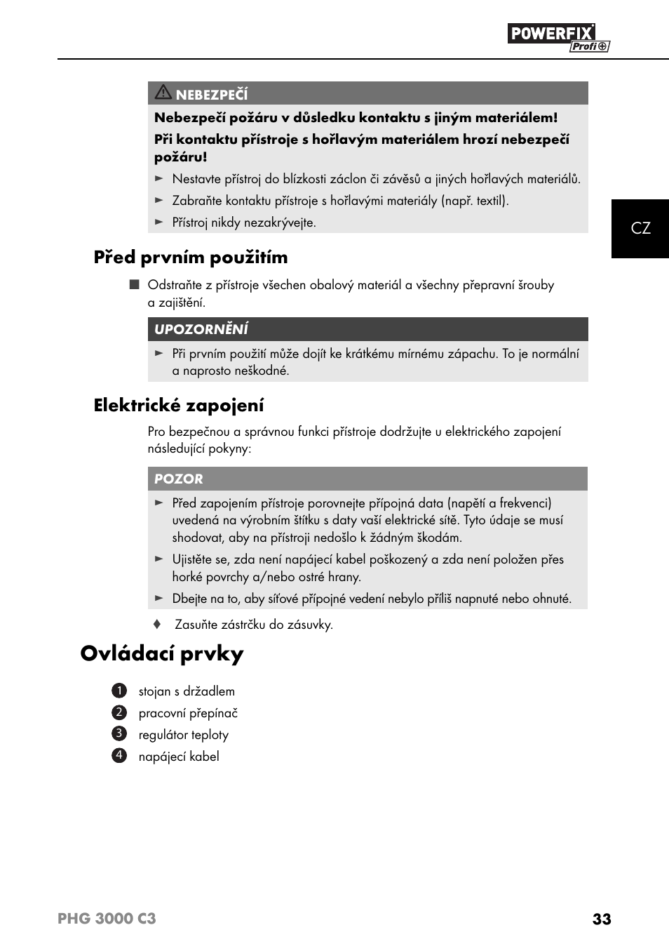 Ovládací prvky, Před prvním použitím, Elektrické zapojení | Powerfix PHG 2500 C3 User Manual | Page 36 / 67
