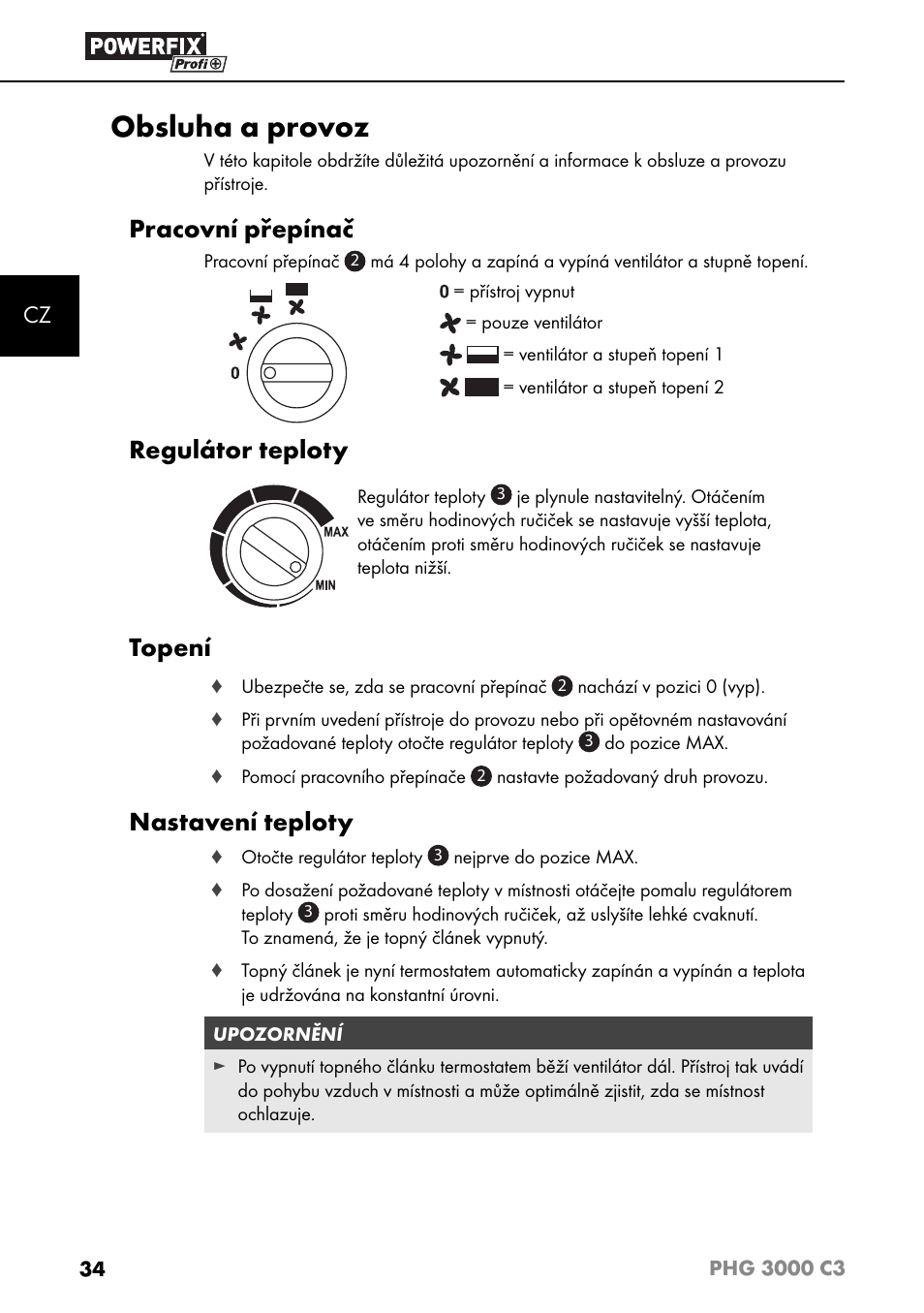 Obsluha a provoz, Pracovní přepínač, Regulátor teploty | Topení, Nastavení teploty | Powerfix PHG 2500 C3 User Manual | Page 37 / 67