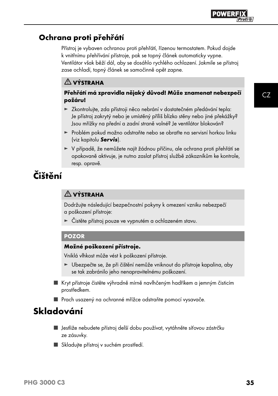 Čištění, Skladování, Ochrana proti přehřátí | Powerfix PHG 2500 C3 User Manual | Page 38 / 67