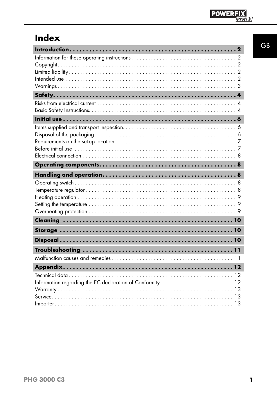 Index | Powerfix PHG 2500 C3 User Manual | Page 4 / 67