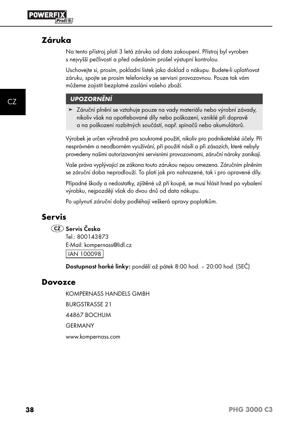 Záruka, Servis, Dovozce | Powerfix PHG 2500 C3 User Manual | Page 41 / 67