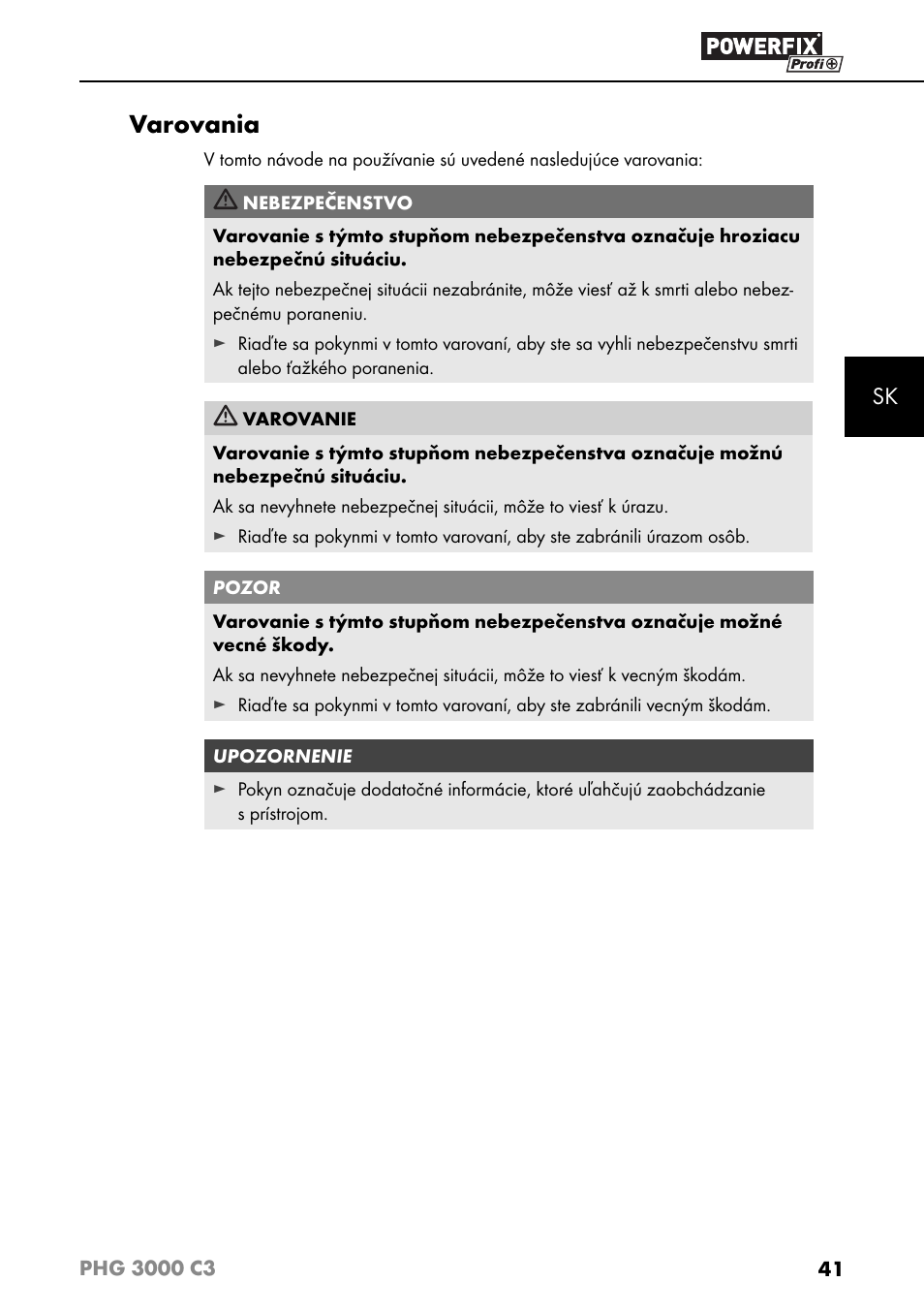 Varovania | Powerfix PHG 2500 C3 User Manual | Page 44 / 67
