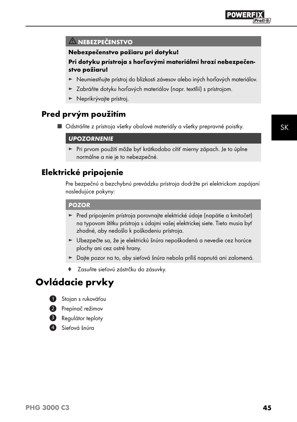 Ovládacie prvky, Pred prvým použitím, Elektrické pripojenie | Powerfix PHG 2500 C3 User Manual | Page 48 / 67