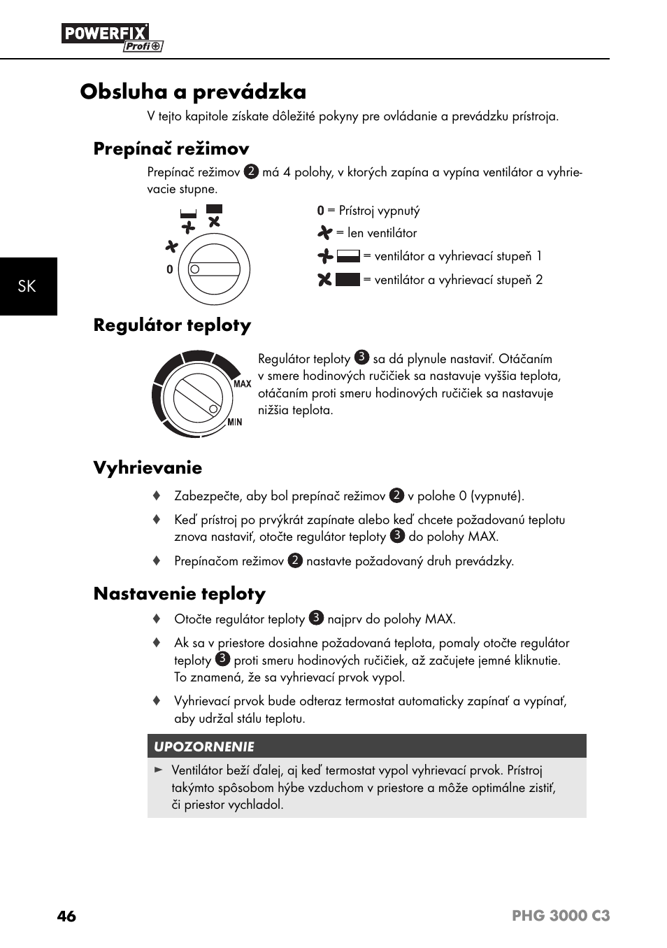 Obsluha a prevádzka, Prepínač režimov, Regulátor teploty | Vyhrievanie, Nastavenie teploty | Powerfix PHG 2500 C3 User Manual | Page 49 / 67
