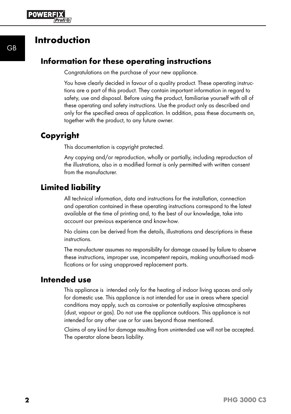 Introduction, Information for these operating instructions, Copyright | Limited liability, Intended use | Powerfix PHG 2500 C3 User Manual | Page 5 / 67