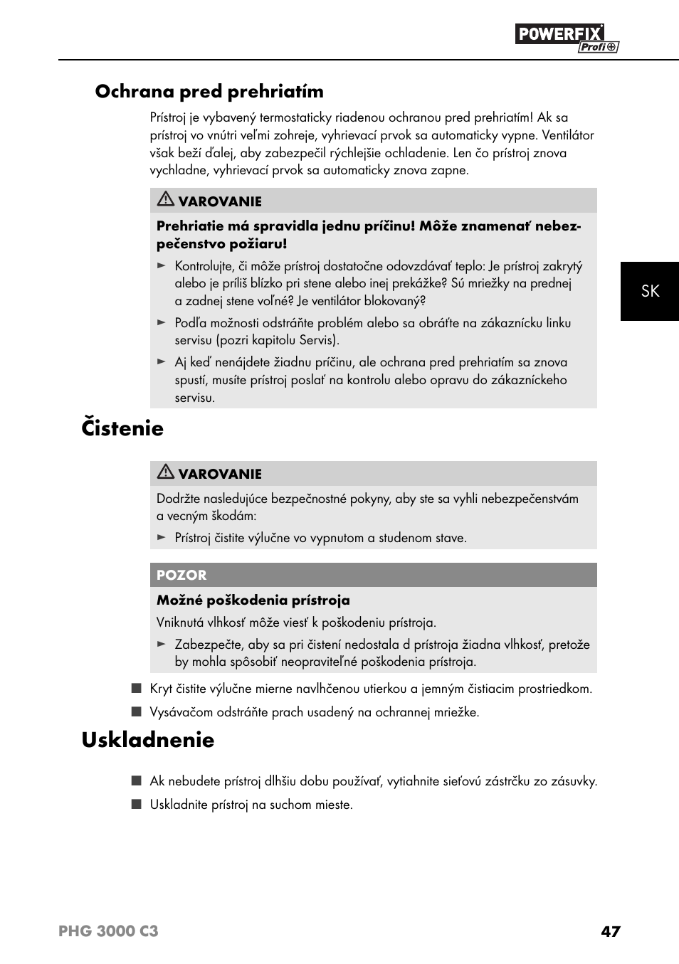 Čistenie, Uskladnenie, Ochrana pred prehriatím | Powerfix PHG 2500 C3 User Manual | Page 50 / 67