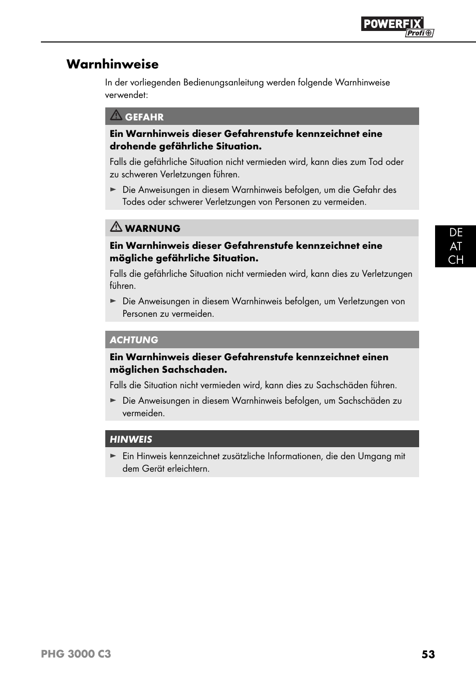 Warnhinweise, De at ch | Powerfix PHG 2500 C3 User Manual | Page 56 / 67