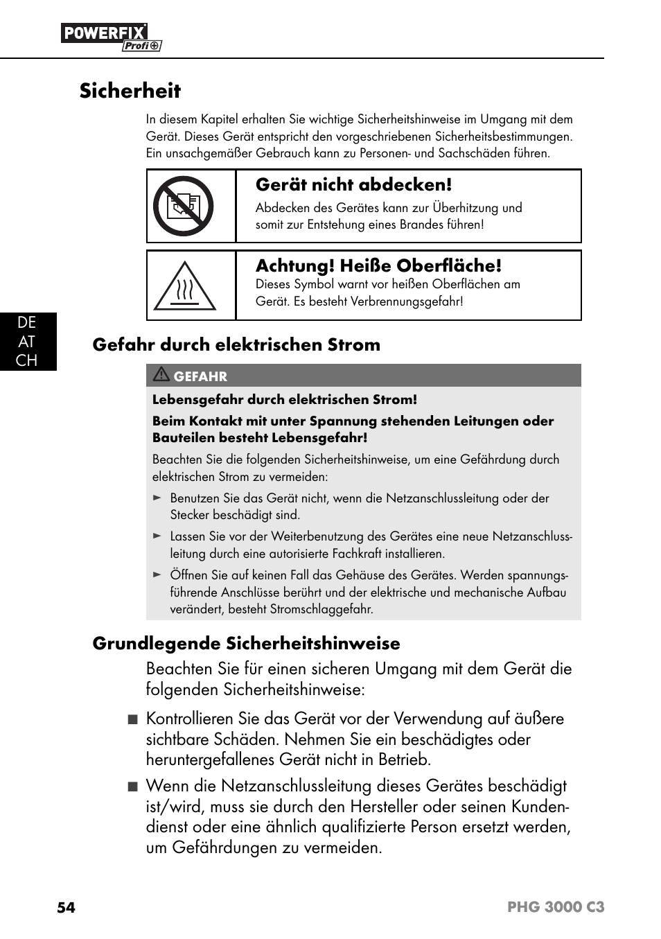 Sicherheit, Gerät nicht abdecken, Achtung! heiße oberﬂ äche | Gefahr durch elektrischen strom | Powerfix PHG 2500 C3 User Manual | Page 57 / 67