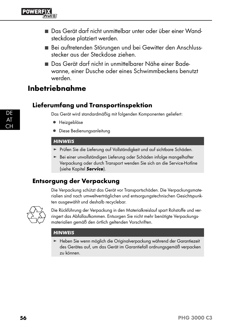 Inbetriebnahme, Lieferumfang und transportinspektion, Entsorgung der verpackung | De at ch | Powerfix PHG 2500 C3 User Manual | Page 59 / 67